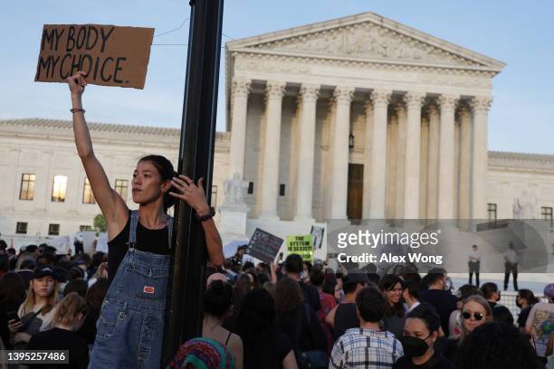 Pro-choice activist holds up a sign during a rally in front of the U.S. Supreme Court in response to the leaked Supreme Court draft decision to...