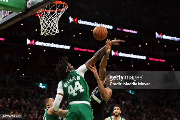 Robert Williams III of the Boston Celtics blocks a shot from Giannis Antetokounmpo of the Milwaukee Bucks during the fourth quarter of Game Two of...