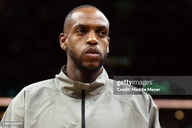 Khris Middleton of the Milwaukee Bucks looks on during the fourth quarter of Game Two of the Eastern Conference Semifinals against the Boston Celtics...