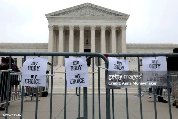 Pro-choice signs hang on a police barricade at the U.S. Supreme Court Building on May 03, 2022 in Washington, DC. In a leaked initial draft majority...