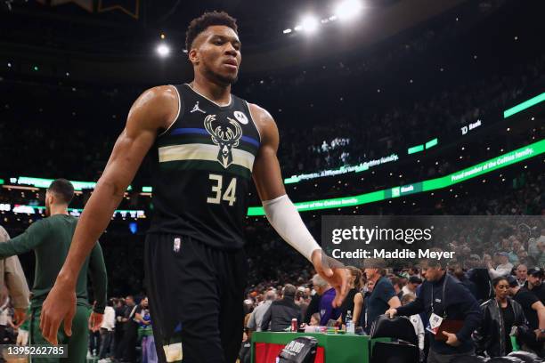 Giannis Antetokounmpo of the Milwaukee Bucks walks to the locker room during half time of Game Two of the Eastern Conference Semifinals against the...