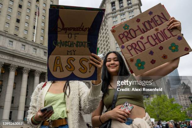 People gather in Manhattan’s Foley Square to show their support for abortion rights on May 03, 2022 in New York City. A leaked draft opinion by...