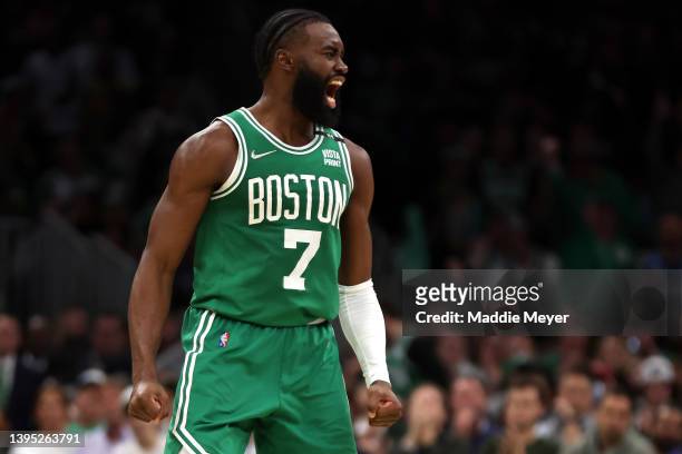 Jaylen Brown of the Boston Celtics celebrates after scoring against the Milwaukee Bucks during the second quarter of Game Two of the Eastern...