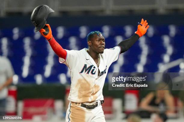 Jazz Chisholm Jr. #2 of the Miami Marlins reacts after a call by the first base umpire Ryan Willis during the seventh inning against the Arizona...