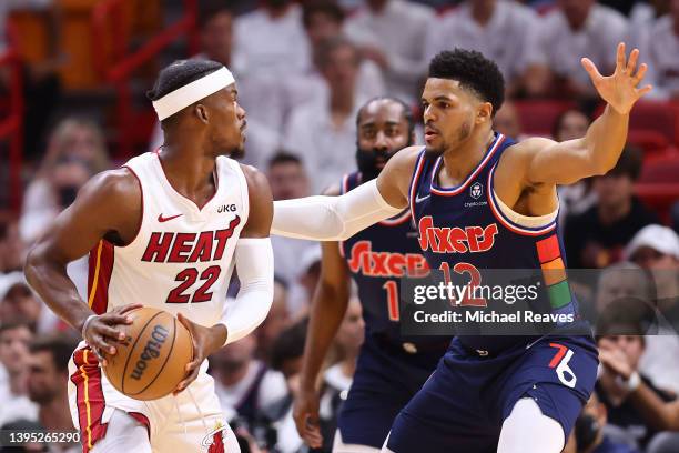 Tobias Harris of the Philadelphia 76ers defends Jimmy Butler of the Miami Heat during the first half in Game One of the Eastern Conference Semifinals...