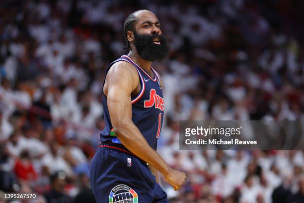 James Harden of the Philadelphia 76ers celebrates a layup against the Miami Heat during the first half in Game One of the Eastern Conference...