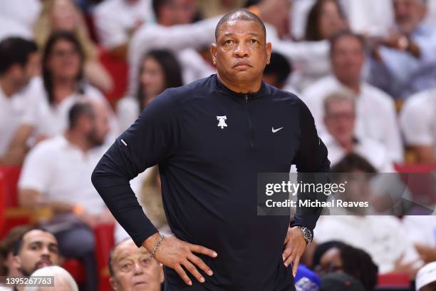 Head coach Doc Rivers of the Philadelphia 76ers reacts against the Miami Heat during the second half in Game One of the Eastern Conference Semifinals...