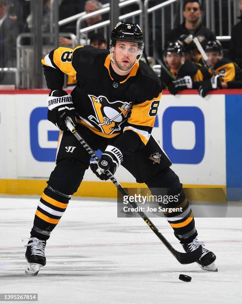 Brian Dumoulin of the Pittsburgh Penguins skates against the Edmonton Oilers at PPG PAINTS Arena on April 26, 2022 in Pittsburgh, Pennsylvania.