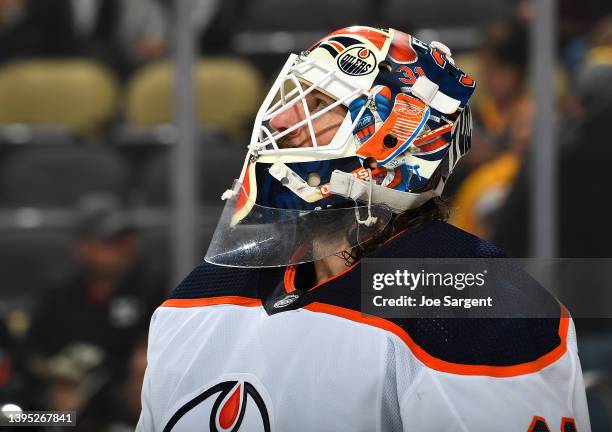 Mike Smith of the Edmonton Oilers defends the net against the Pittsburgh Penguins at PPG PAINTS Arena on April 26, 2022 in Pittsburgh, Pennsylvania.