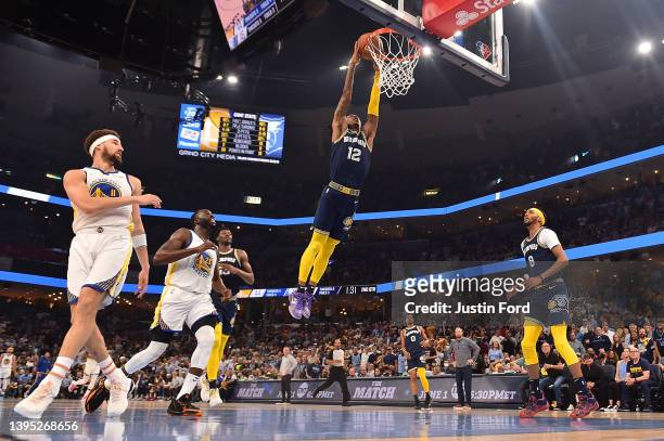Ja Morant of the Memphis Grizzlies dunks against the Golden State Warriors during Game Two of the Western Conference Semifinals of the NBA Playoffs...