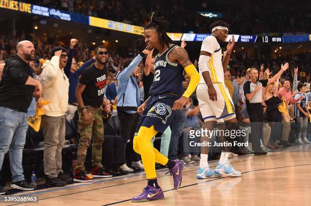 Ja Morant of the Memphis Grizzlies reacts against the Golden State Warriors during Game Two of the Western Conference Semifinals of the NBA Playoffs...