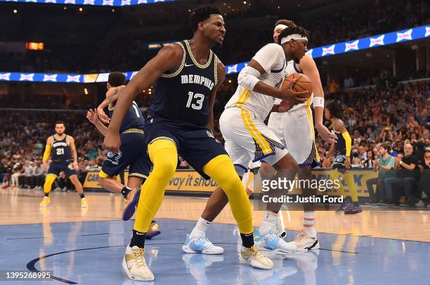 Jaren Jackson Jr. #13 of the Memphis Grizzlies reacts against the Golden State Warriors during Game Two of the Western Conference Semifinals of the...