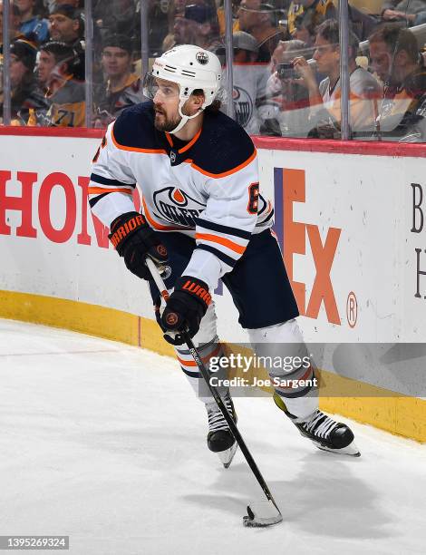 Kris Russell of the Edmonton Oilers skates against the Pittsburgh Penguins at PPG PAINTS Arena on April 26, 2022 in Pittsburgh, Pennsylvania.