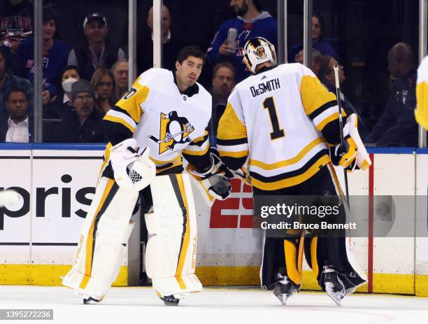 Louis Domingue of the Pittsburgh Penguins comes in during the second overtime period to take over goaltending duties from Casey DeSmith against the...