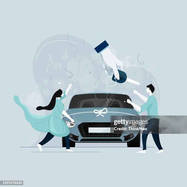 aufgeregte ehepartner kaufen neues auto, autovermietung verkaufen servicekonzept - car salesperson stock-grafiken, -clipart, -cartoons und -symbole