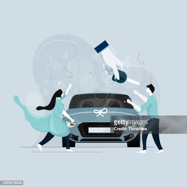 excited spouses buying new car, car rent sell service concept - car dealership test drive stock illustrations