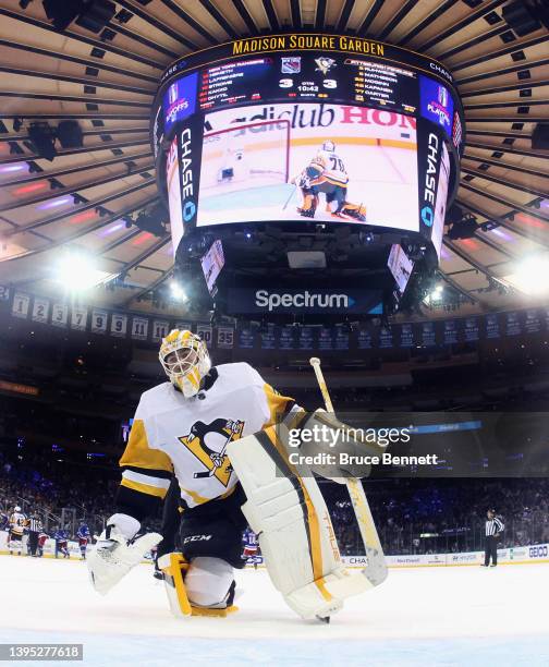 Louis Domingue of the Pittsburgh Penguins replaces Casey DeSmith in the net against the New York Rangers in Game One of the First Round of the 2022...