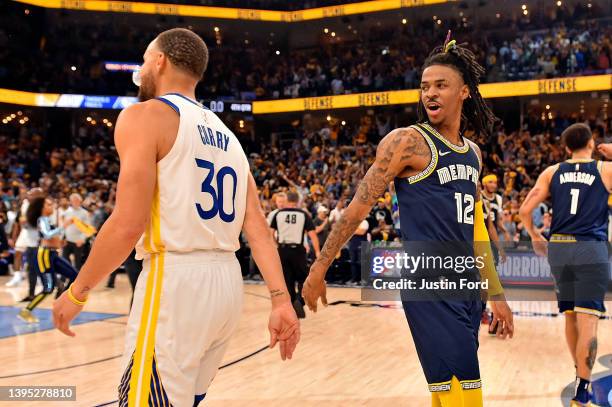 Ja Morant of the Memphis Grizzlies and Stephen Curry of the Golden State Warriors after Game Two of the Western Conference Semifinals of the NBA...