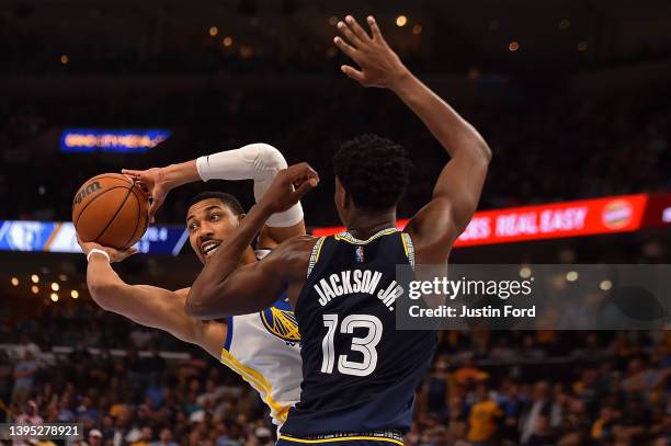 Otto Porter Jr. #32 of the Golden State Warriors looks to pass against Jaren Jackson Jr. #13 of the Memphis Grizzlies during Game Two of the Western...