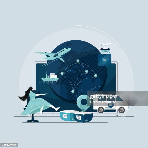 globales logistik- und transportgeschäft, import export netzwerk und lagerkonzept - distribution warehouse stock-grafiken, -clipart, -cartoons und -symbole