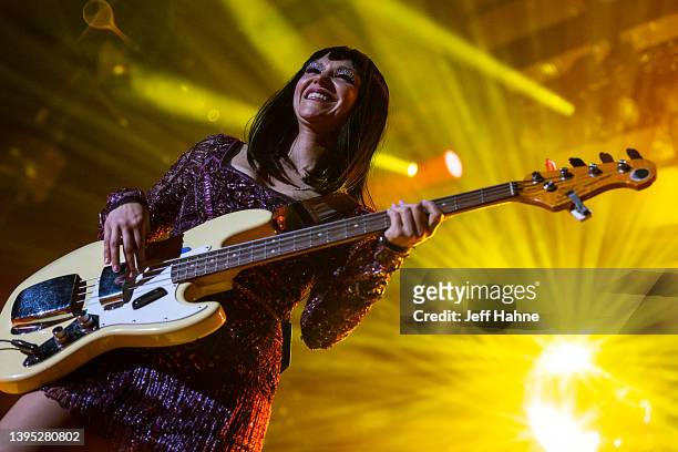 Bassist Laura Lee of Khruangbin performs at Charlotte Metro Credit Union Amphitheatre on May 03, 2022 in Charlotte, North Carolina.