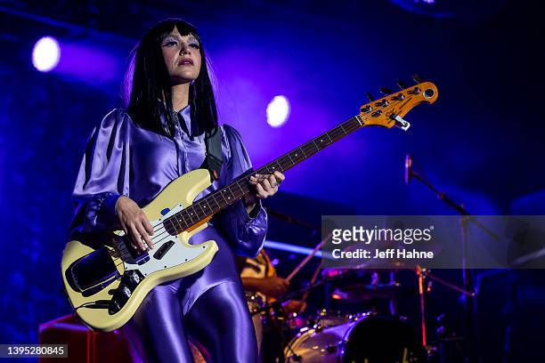 Bassist Laura Lee of Khruangbin performs at Charlotte Metro Credit Union Amphitheatre on May 03, 2022 in Charlotte, North Carolina.