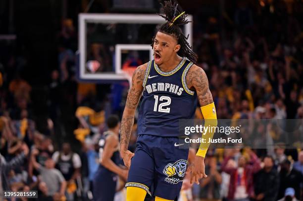 Ja Morant of the Memphis Grizzlies reacts against the Golden State Warriors during Game Two of the Western Conference Semifinals of the NBA Playoffs...