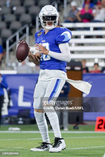 Kyle Sloter of the New Orleans Breakers drops back to pass in the third quarter against the Birmingham Stallions at Protective Stadium on April 30,...