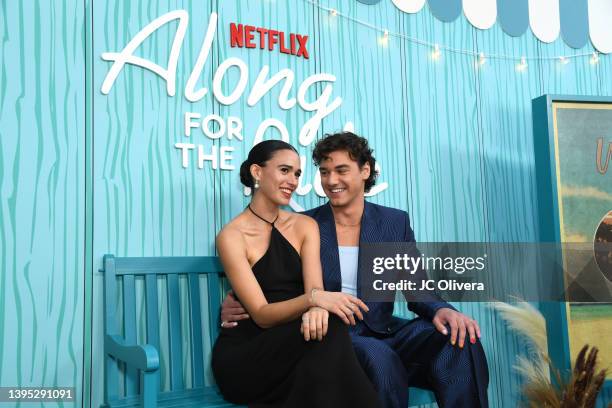 Belmont Cameli and Emma Pasarow attend the Netflix premiere of "Along for the Ride" at The Bay Theater on May 03, 2022 in Pacific Palisades,...