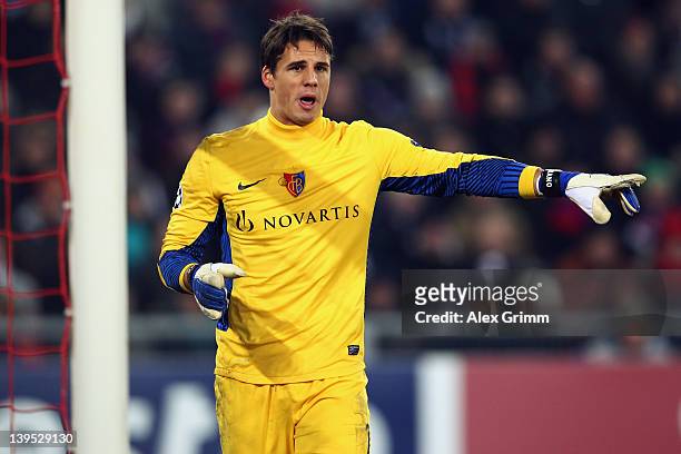 Goalkeeper Yann Sommer of Basel gestures during the UEFA Champions League Round of 16 first leg match between FC Basel 1893 and FC Bayern Muenchen at...