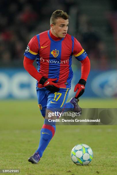 Xherdan Shaqiri of Basel controls the ball during the UEFA Champions League round of sixteen first leg match between FC Basel 1893 and FC Bayern...