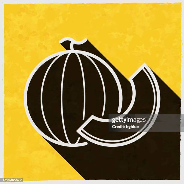 melon and slice. icon with long shadow on textured yellow background - melon slice stock illustrations