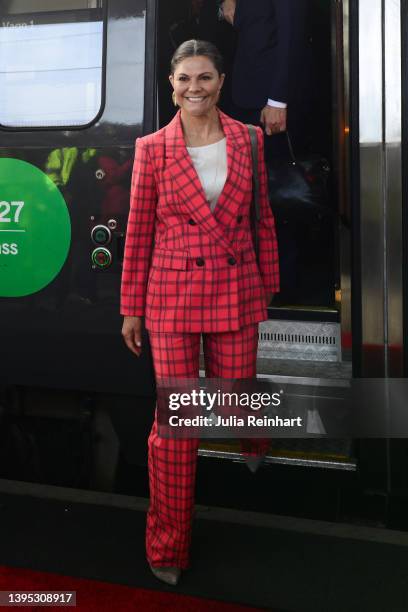 Crown Princess Victoria of Sweden arrives at Gothenburg train station on May 04, 2022 in Gothenburg, Sweden.