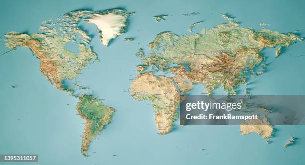 mapa del mundo 3d render mapa topográfico color borde nombres de ciudades - continent fotografías e imágenes de stock