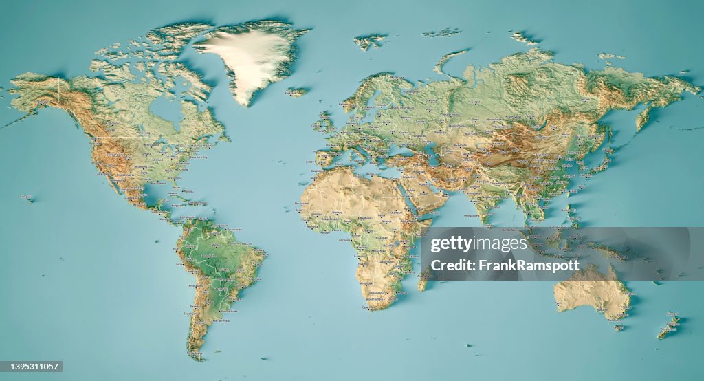 World Map 3D Render Topographic Map Color Border City Names