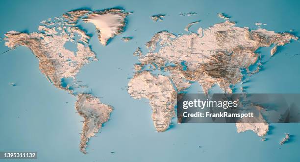 world map 3d render topographic map neutral border city names - middle east map stock pictures, royalty-free photos & images