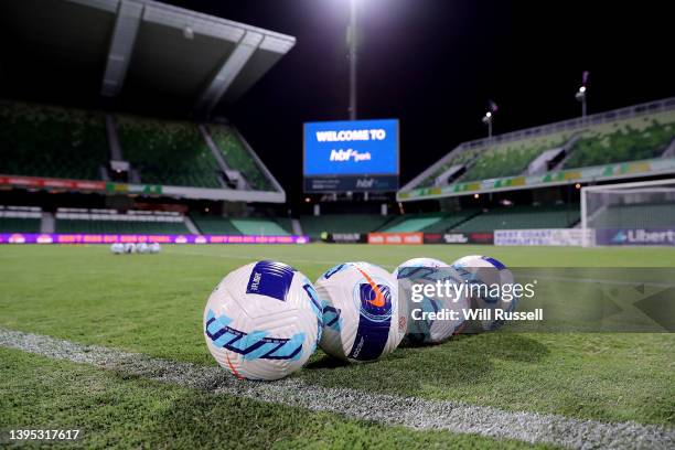 Warm up practice balls can be see during the A-League Mens match between Perth Glory and Melbourne City at HBF Park, on May 04 in Perth, Australia.