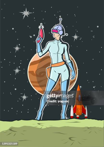 ilustraciones, imágenes clip art, dibujos animados e iconos de stock de vector retro pop art astronauta espacial femenina en el espacio ilustración de stock - mujer seductora