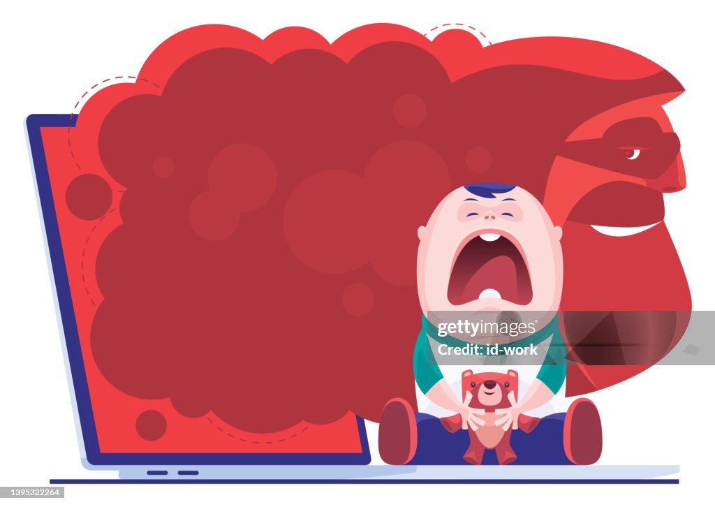 Crying Npc Computer Crying Baby Sitting On Laptop With Hacker Hiding In Fog High-Res Vector ...