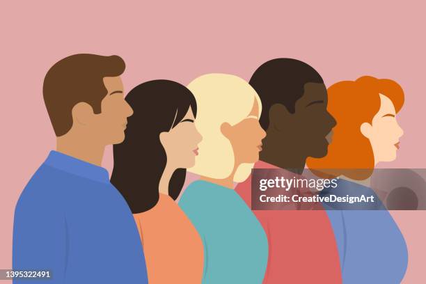 side view of multi-ethnic group of people. the concept of independence and equality. - global fashion collective stock illustrations