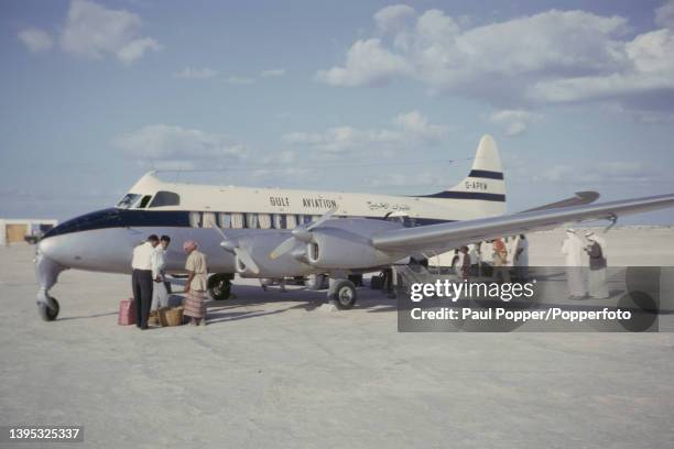 De Havilland Heron propeller driven airliner from Gulf Aviation is prepared for a flight at the international airport in the city of Abu Dhabi,...