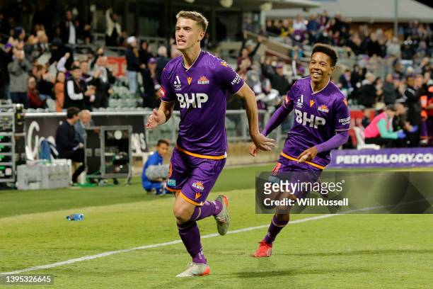 Callum Timmins of the Glory celebrates after scoring a goal during the A-League Mens match between Perth Glory and Melbourne City at HBF Park, on May...