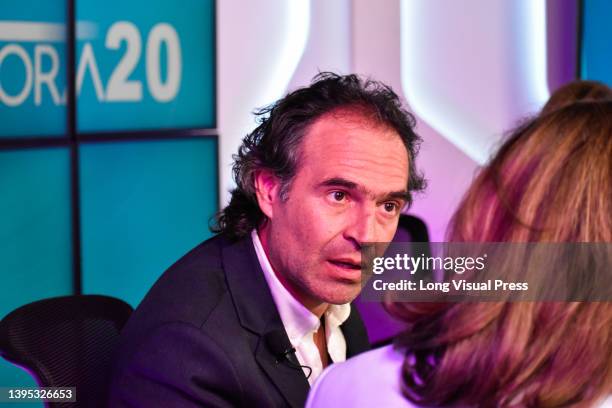 Presidential candidate Fedrico 'FICO' Gutierrez reacts during the Prisa Media 'Hora 20' Radio debate in Bogota, Colombia on April 26, 2022.