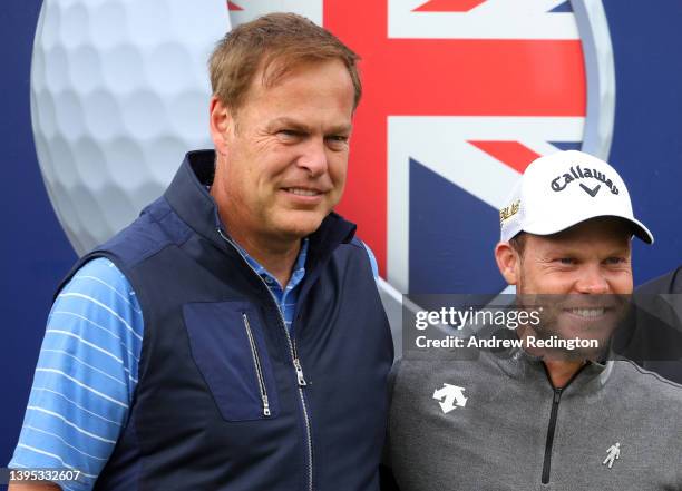 Danny Willett of England prepares to tee off the 1st alongside Entrepreneur Peter Jones during the Pro Am ahead of the Betfred British Masters hosted...