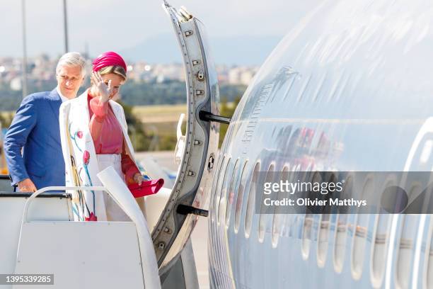 King Philippe and Queen Mathilde of Belgium board a governmental plane for Belgium at Eleftherios Venizelos international airport on the last day of...