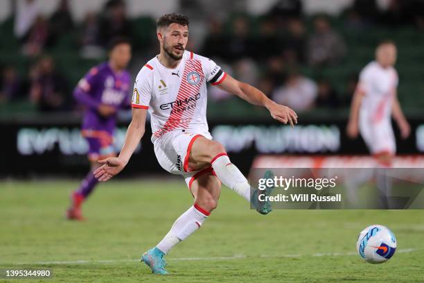 Mathew Leckie of Melbourne City passes the ball during the A-League Mens match between Perth Glory and Melbourne City at HBF Park, on May 04 in...