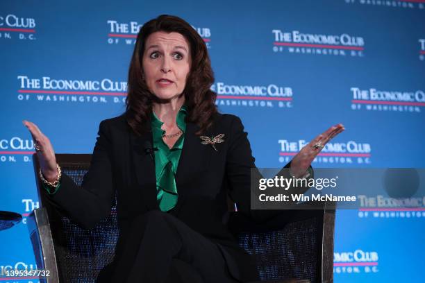 Kathy Warden, CEO and president of Northrop Grumman Corporation, answers questions during a public appearance May 4, 2022 in Washington, DC. Warden...