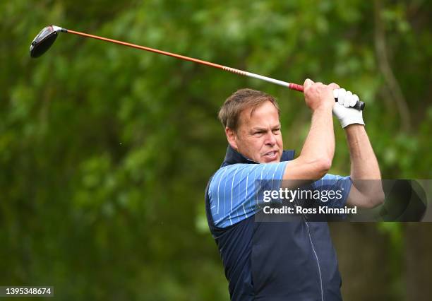 Entrepreneur Peter Jones tees off from the 3rd during the Pro Am ahead of the Betfred British Masters hosted by Danny Willett at The Belfry on May...