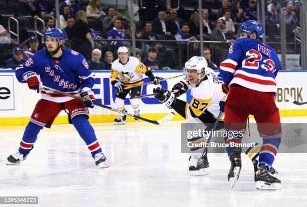 Sidney Crosby of the Pittsburgh Penguins skates against the New York Rangers in Game One of the First Round of the 2022 Stanley Cup Playoffs at...