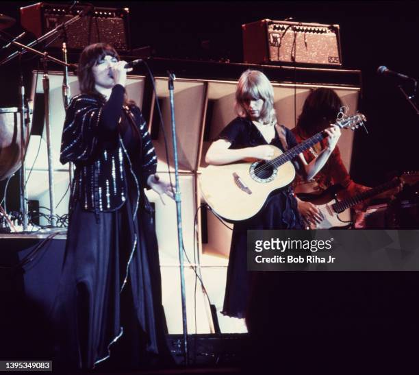 American musicians Ann and Nancy Wilson of the rock group Heart perform onstage at the Universal Amphitheater, July 15, 1977 in Los Angeles,...